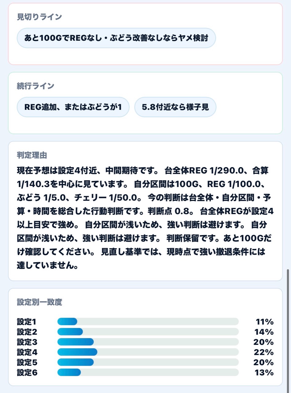 移動検討の参考条件、様子見継続の参考条件、判定理由、設定別一致度の画面